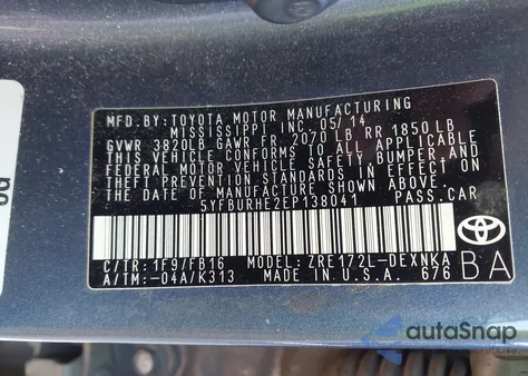 2014 Toyota Corolla Le z USA, uszkodzony, nr VIN 5YFBURHE2EP138041